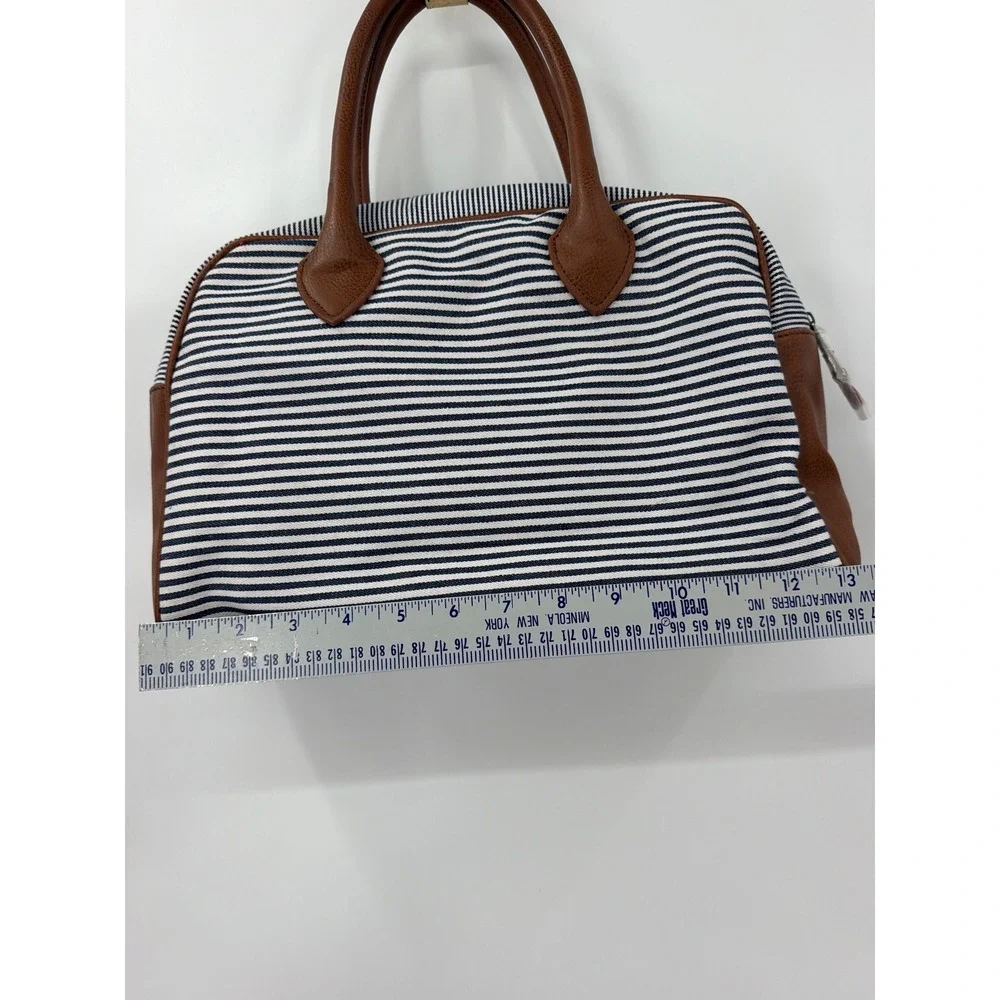 P. Blue Piel Pelle Striped Canvas Satchel Bag Navy White Brown C-22447A